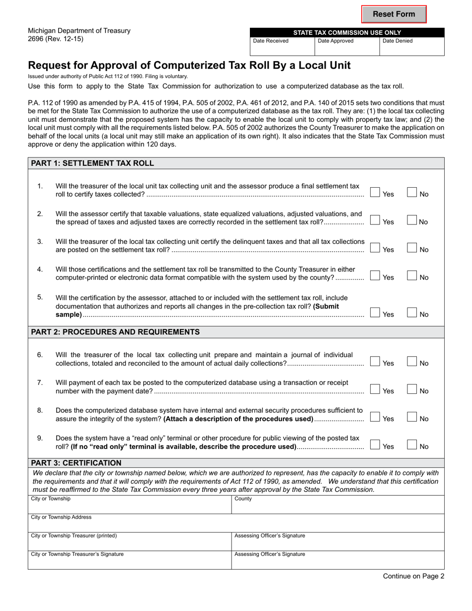 Form 2696 Request for Approval of Computerized Tax Roll by a Local Unit - Michigan, Page 1