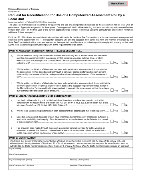 Form 5445 Request for Recertification for Use of a Computerized Assessment Roll by a Local Unit - Michigan