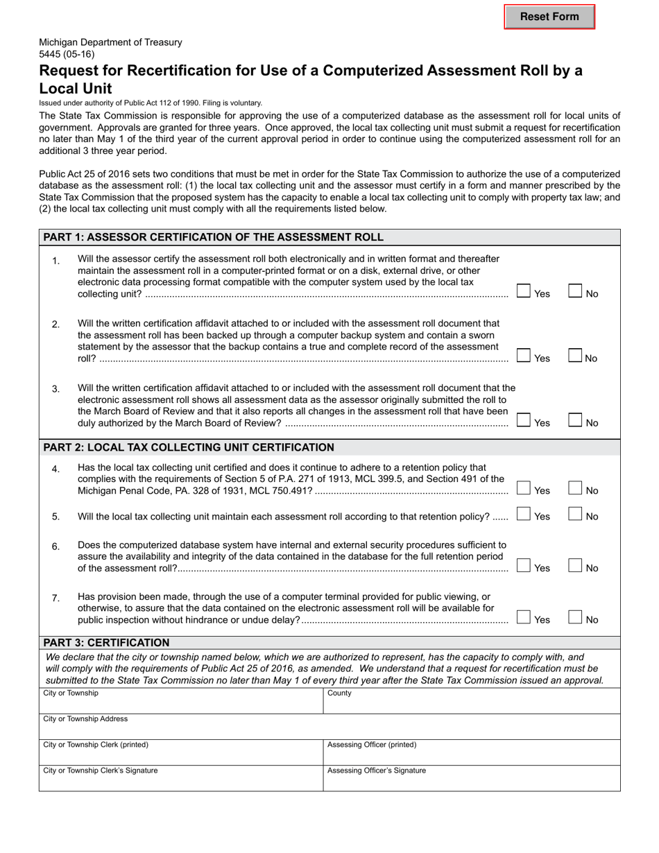Form 5445 Request for Recertification for Use of a Computerized Assessment Roll by a Local Unit - Michigan, Page 1