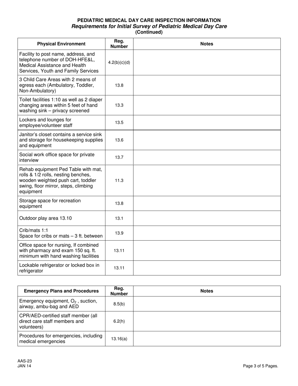 Form AAS-23 Pediatric Medical Day Care Inspection Information - New Jersey, Page 3