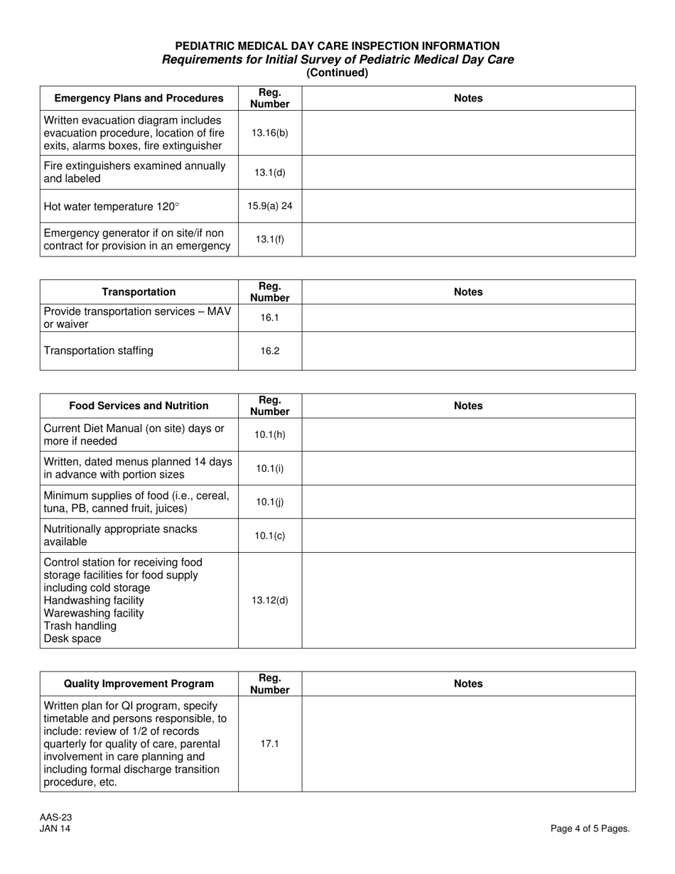 Form AAS-23 Pediatric Medical Day Care Inspection Information - New Jersey, Page 4