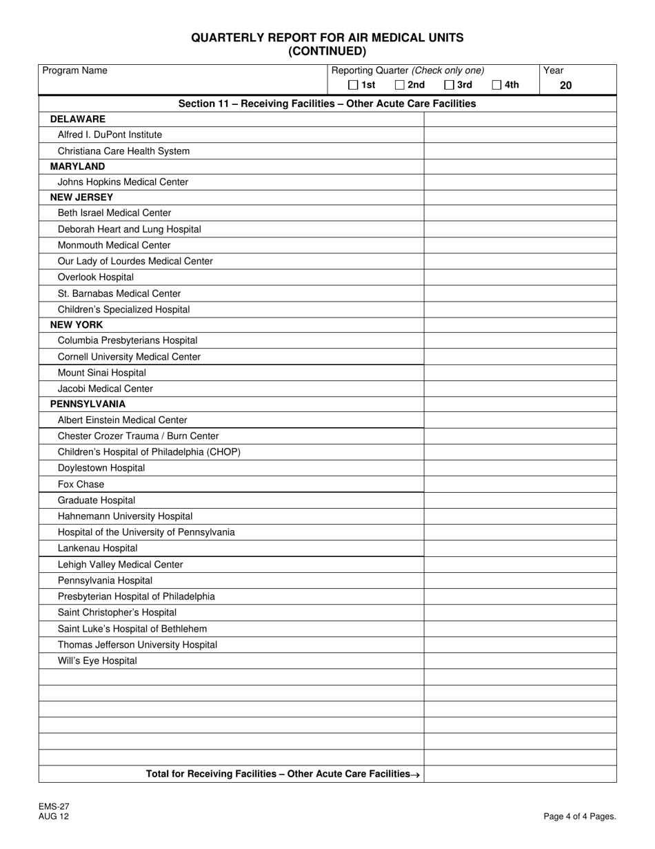 Form EMS-27 Quarterly Report for Air Medical Units - New Jersey, Page 4