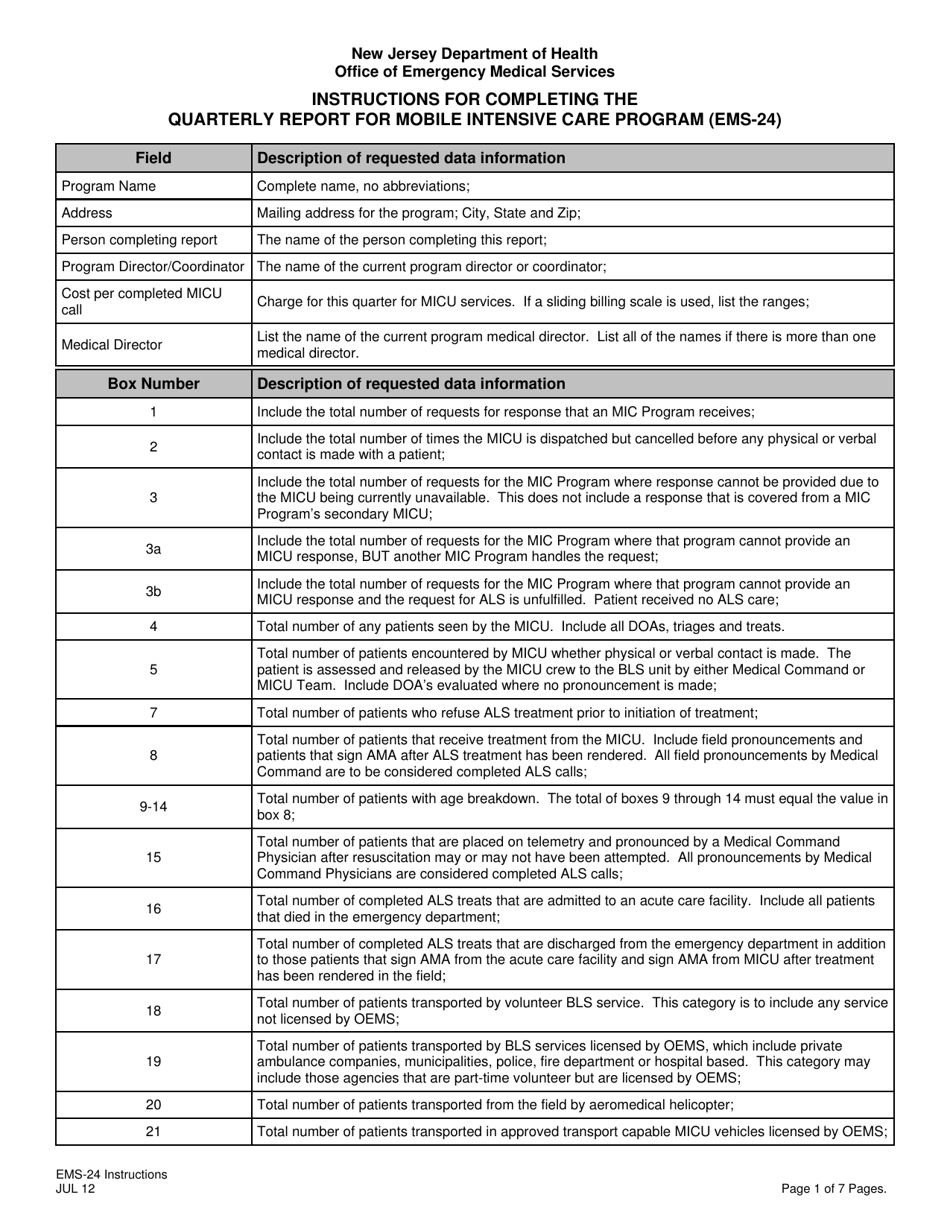 Instructions for Form EMS-24 Quarterly Report for Mobile Intensive Care Program - New Jersey, Page 1