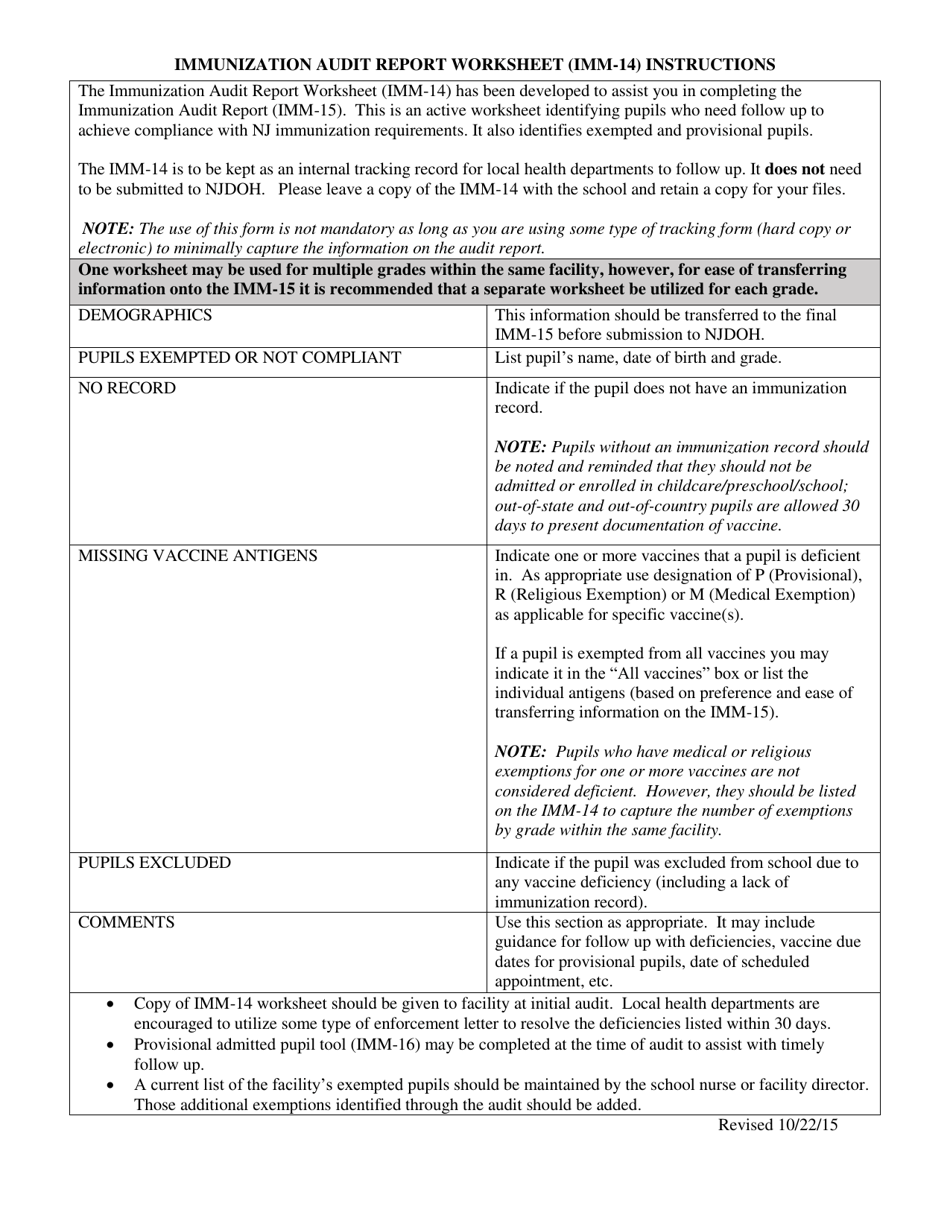 Instructions for Form IMM-14 Immunization Audit Report Worksheet - New Jersey, Page 1
