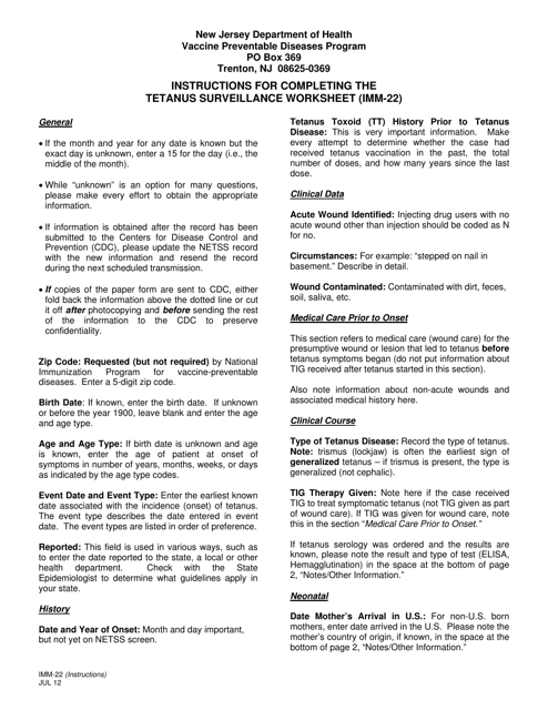 Instructions for Form IMM-22 Tetanus Surveillance Worksheet - New Jersey