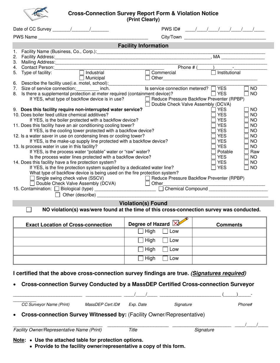 Form 7 Cross-connection Survey Report Form  Violation Notice - Massachusetts, Page 1