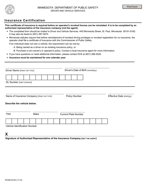 Form PS35016-09 Insurance Certification - Minnesota