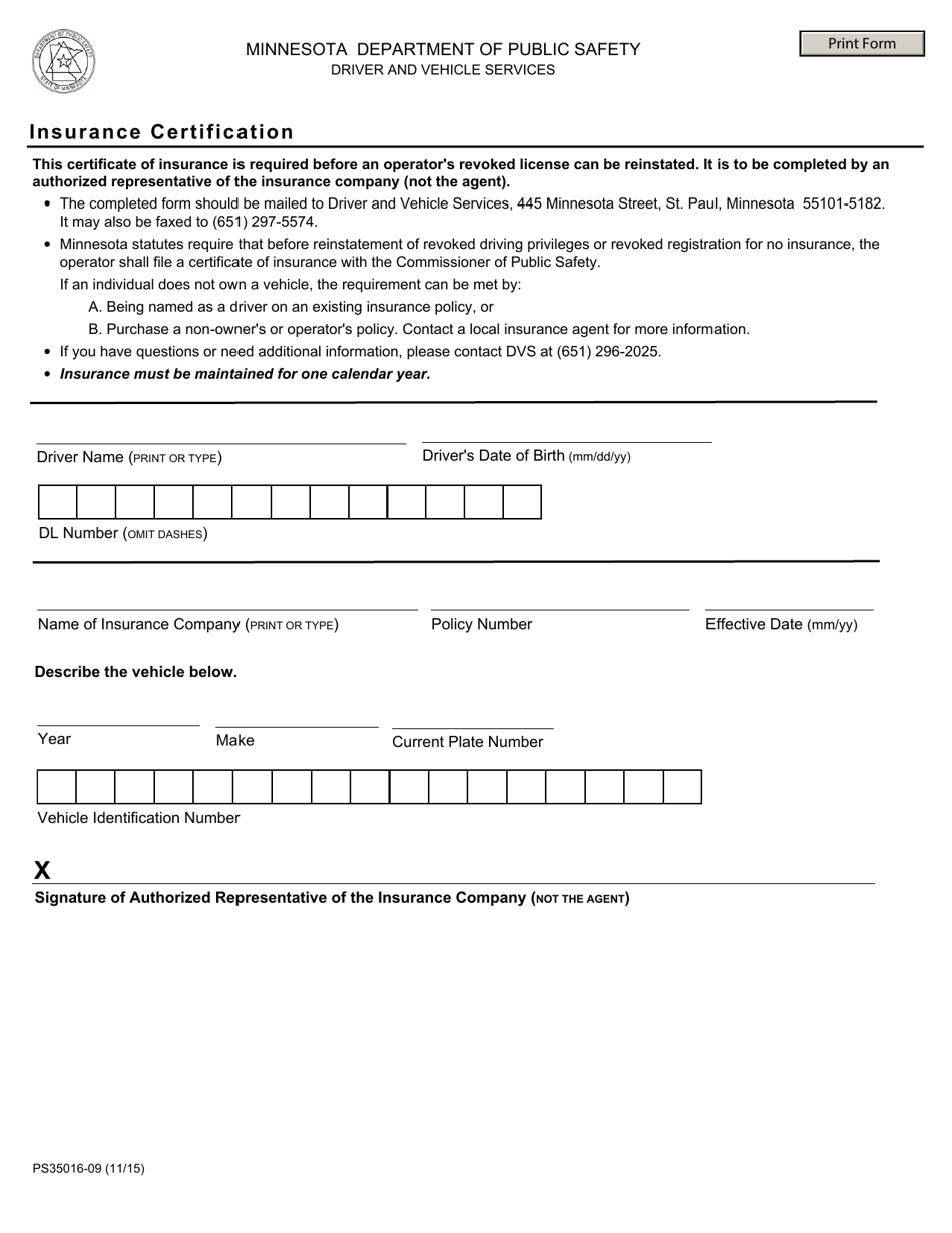 Form PS35016-09 Insurance Certification - Minnesota, Page 1