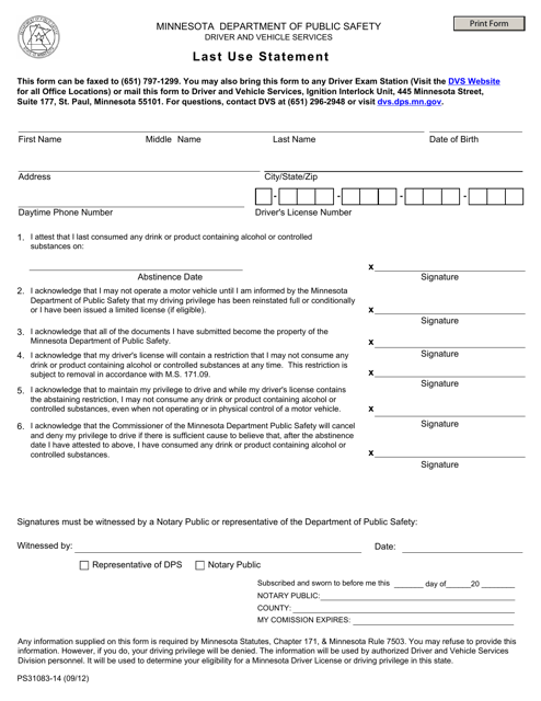 Form PS31083-14 Last Use Statement - Minnesota
