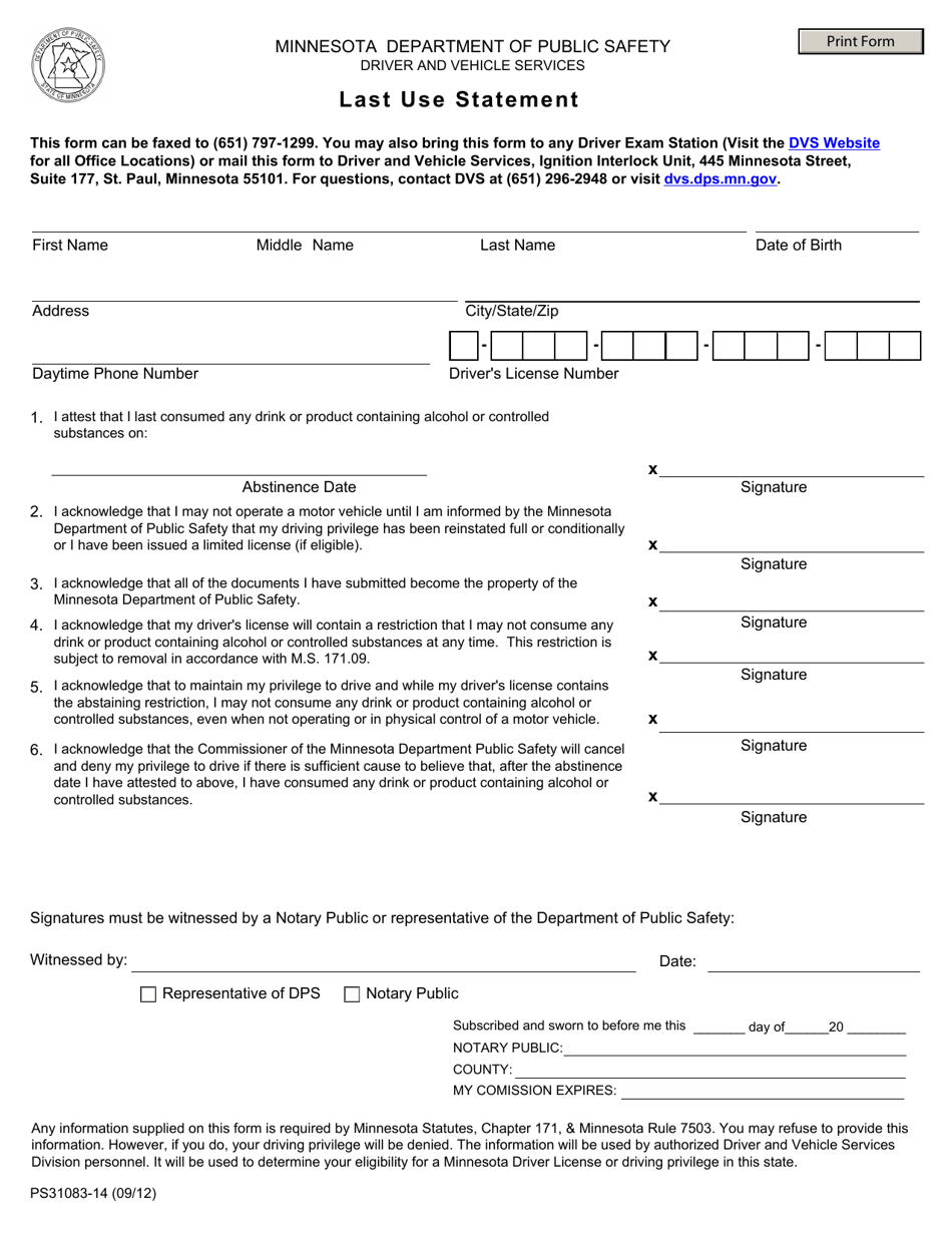 Form PS31083-14 Last Use Statement - Minnesota, Page 1
