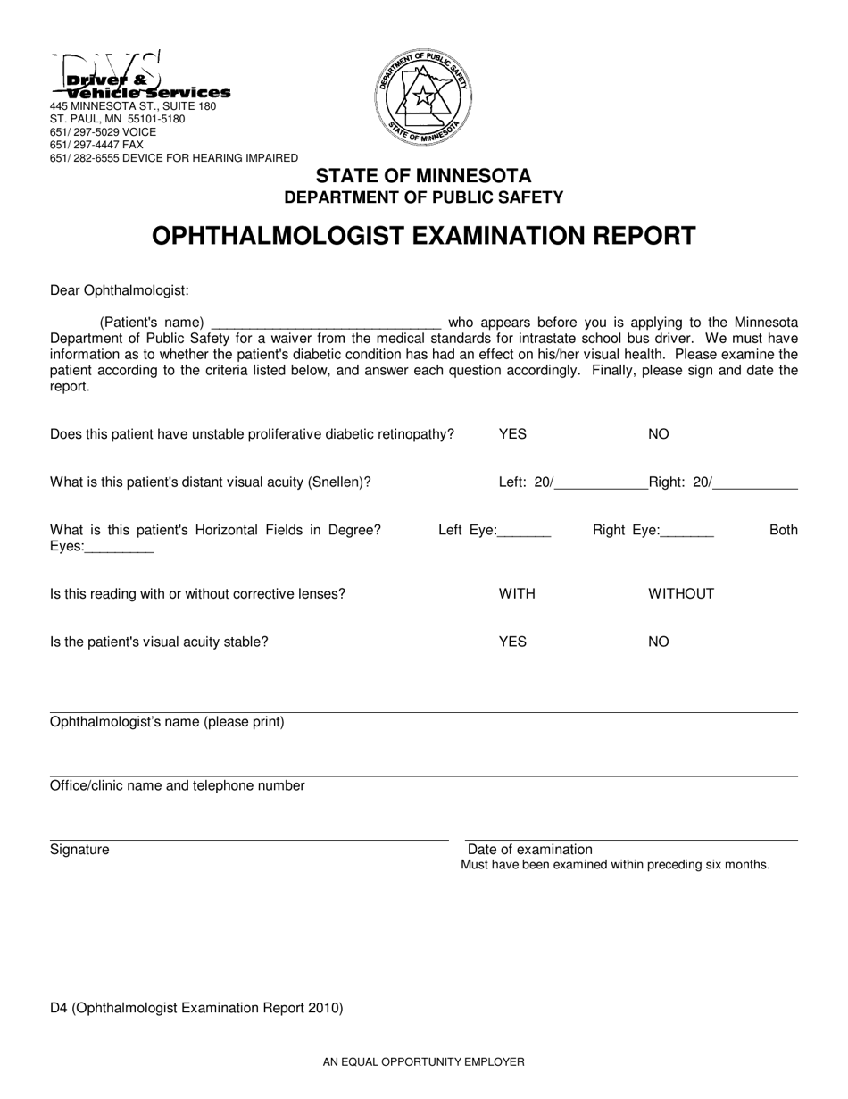 Form D4 Ophthalmologist Examination Report - Minnesota, Page 1