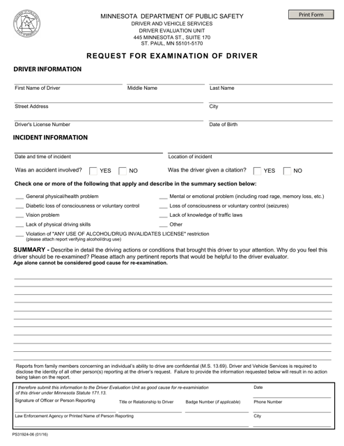 Form PS31924-06 Request for Examination of Driver - Minnesota