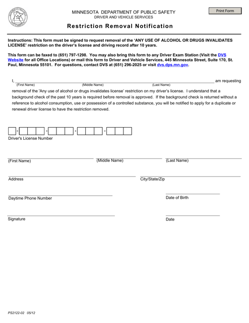 Form PS2122-02 Restriction Removal Notification - Minnesota