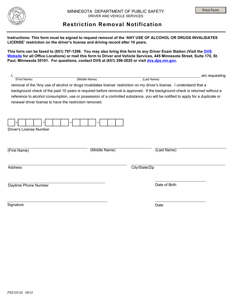 Form PS2122-02 Restriction Removal Notification - Minnesota, Page 1