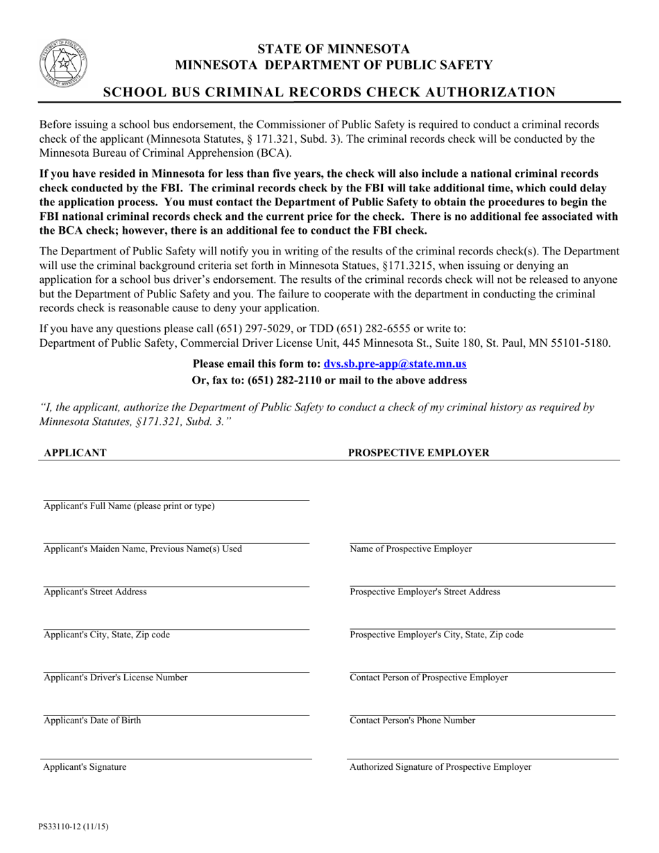 Form PS33110 School Bus Criminal Records Check Authorization - Minnesota, Page 1