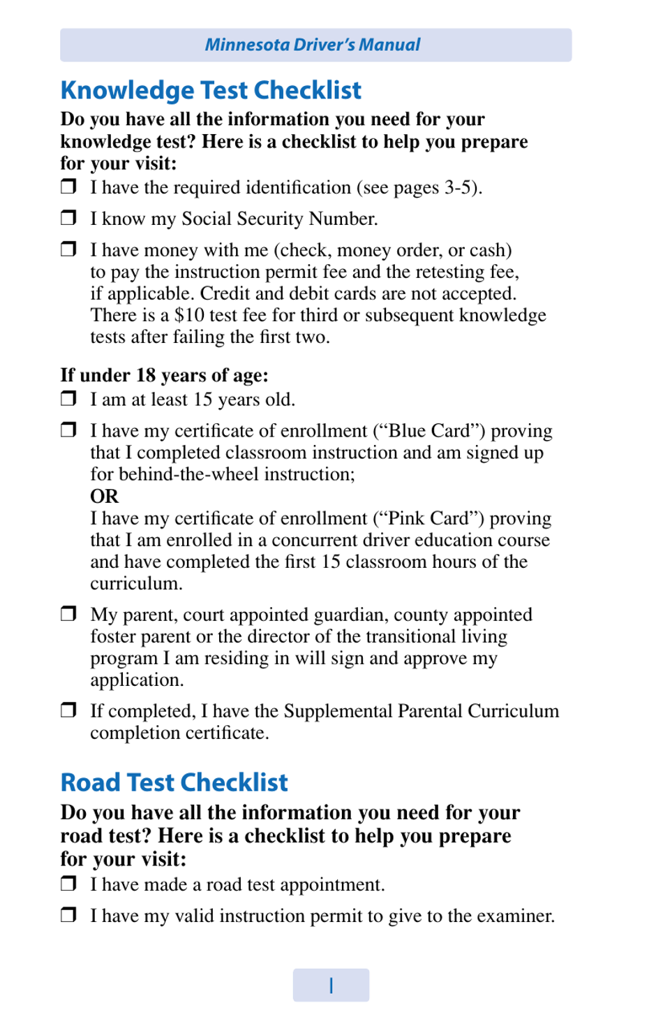 Check List From Drivers Manual - Minnesota, Page 1