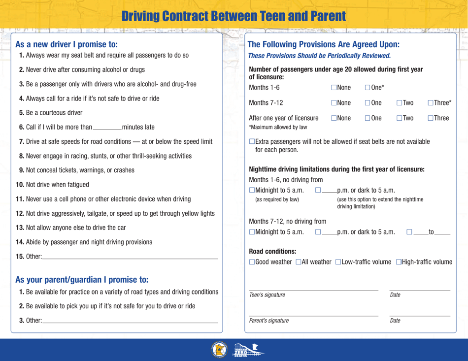 Driving Contract Between Teen and Parent; and Teen Driving Skills Checklist / Practice Log - Minnesota, Page 1