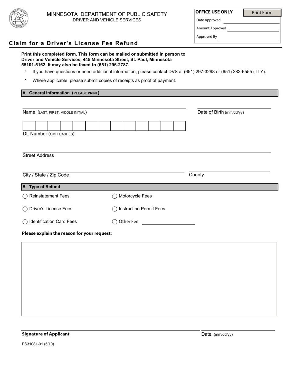 Form PS31081 Claim for a Drivers License Fee Refund - Minnesota, Page 1