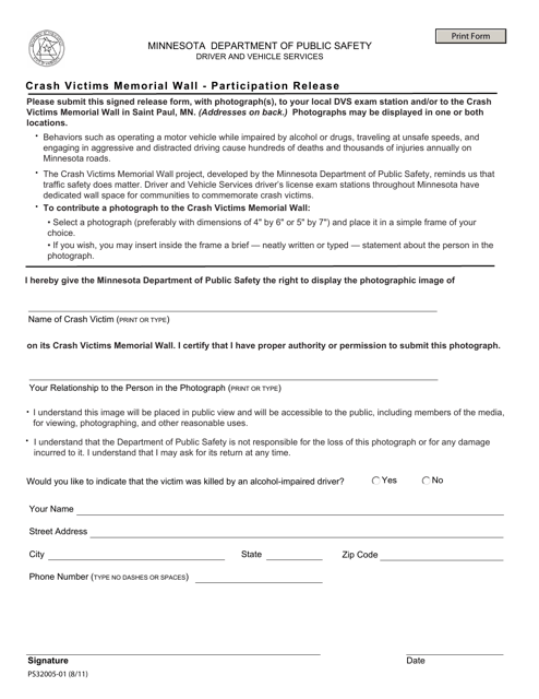 Form PS32005 Crash Victims Memorial Wall - Participation Release - Minnesota