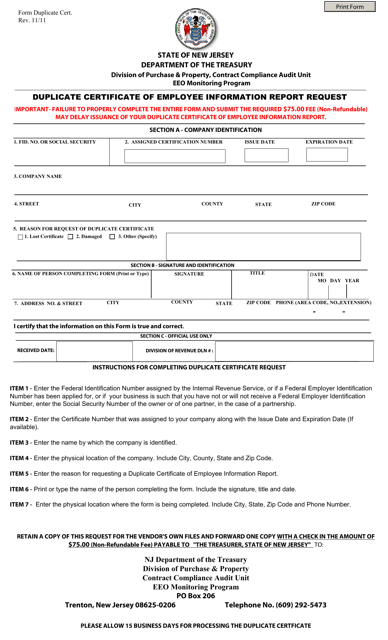 Duplicate Certificate of Employee Information Report Request - New Jersey Download Pdf