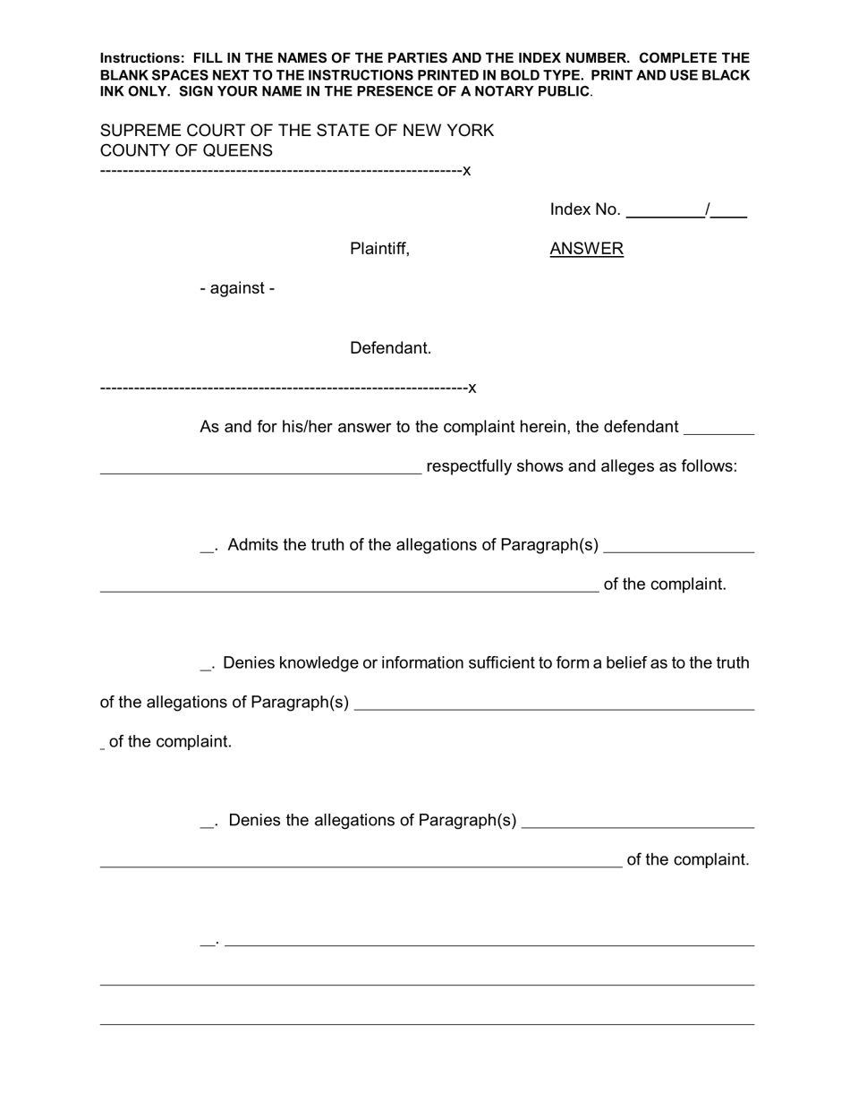 Answer Form and Verification - Queens County, New York, Page 1