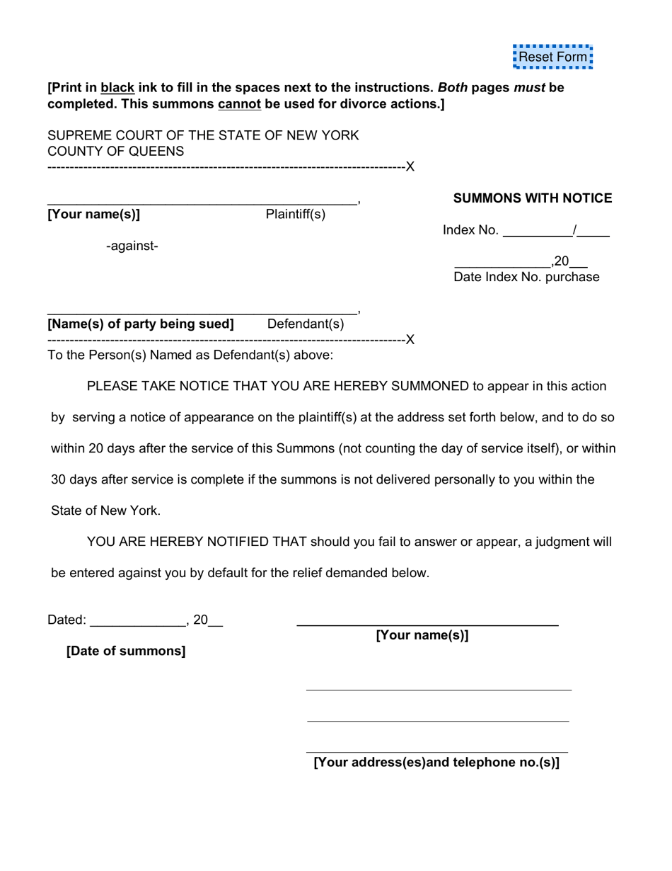 New York Summons With Notice Fill Out Sign Online and Download PDF