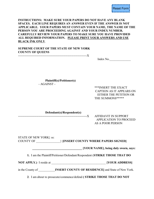 Affidavit in Support Application to Proceed as a Poor Person - New York Download Pdf