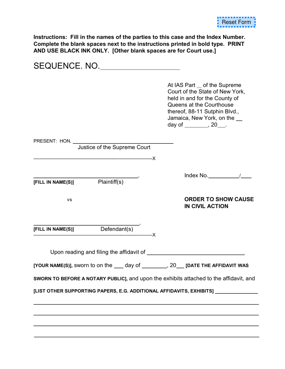 Queens County New York Order to Show Cause in Civil Action Fill Out