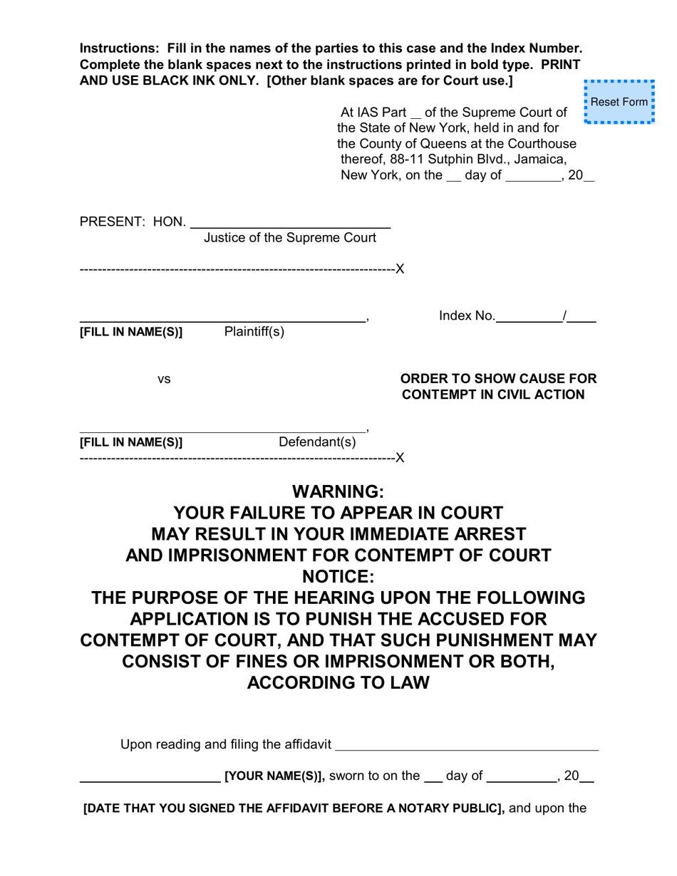 New York Order to Show Cause for Contempt in Civil Action Fill Out