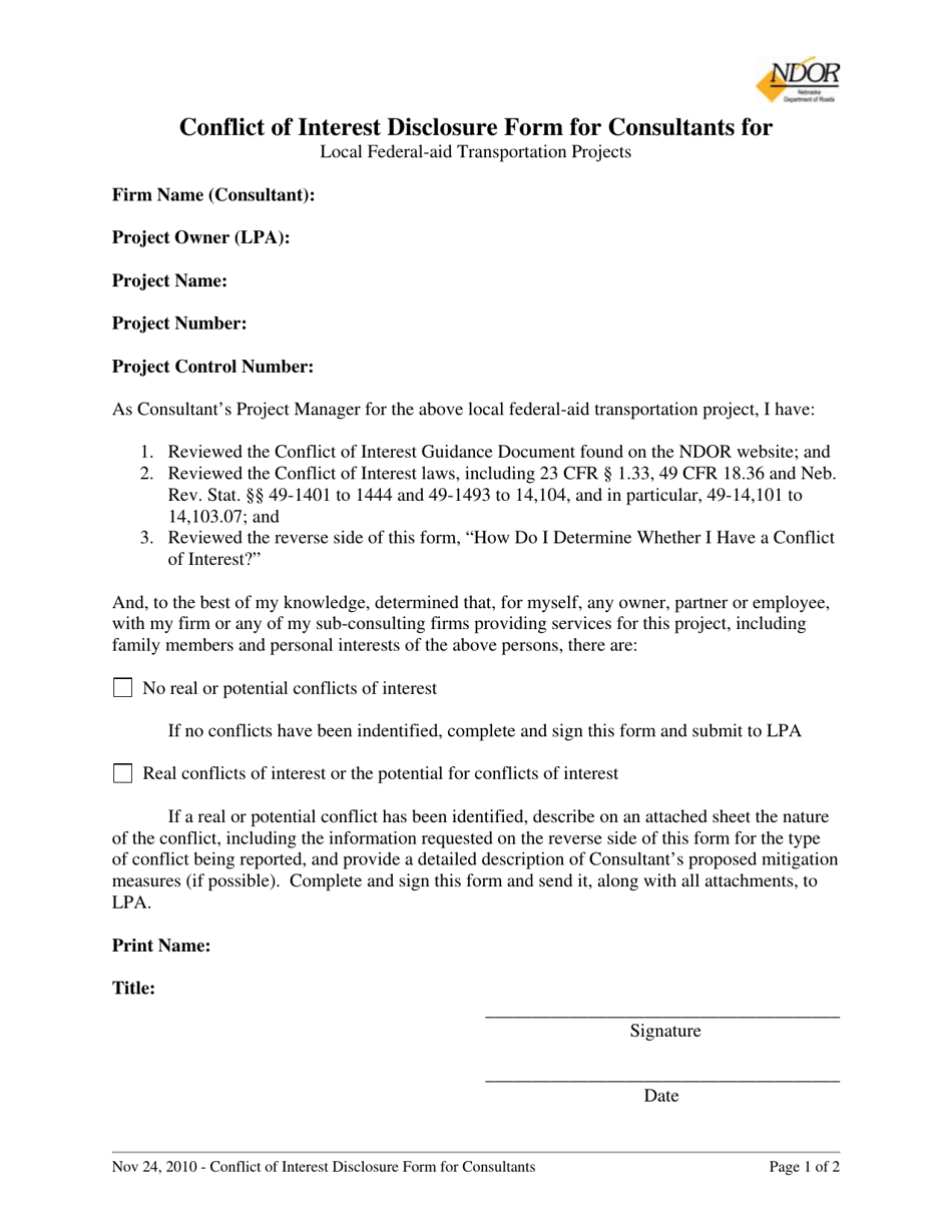 Conflict of Interest Disclosure Form for Consultants for - Nebraska, Page 1