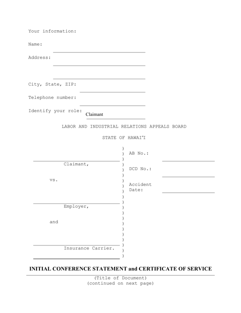 Initial Conference Statement and Certificate of Service - Hawaii Download Pdf