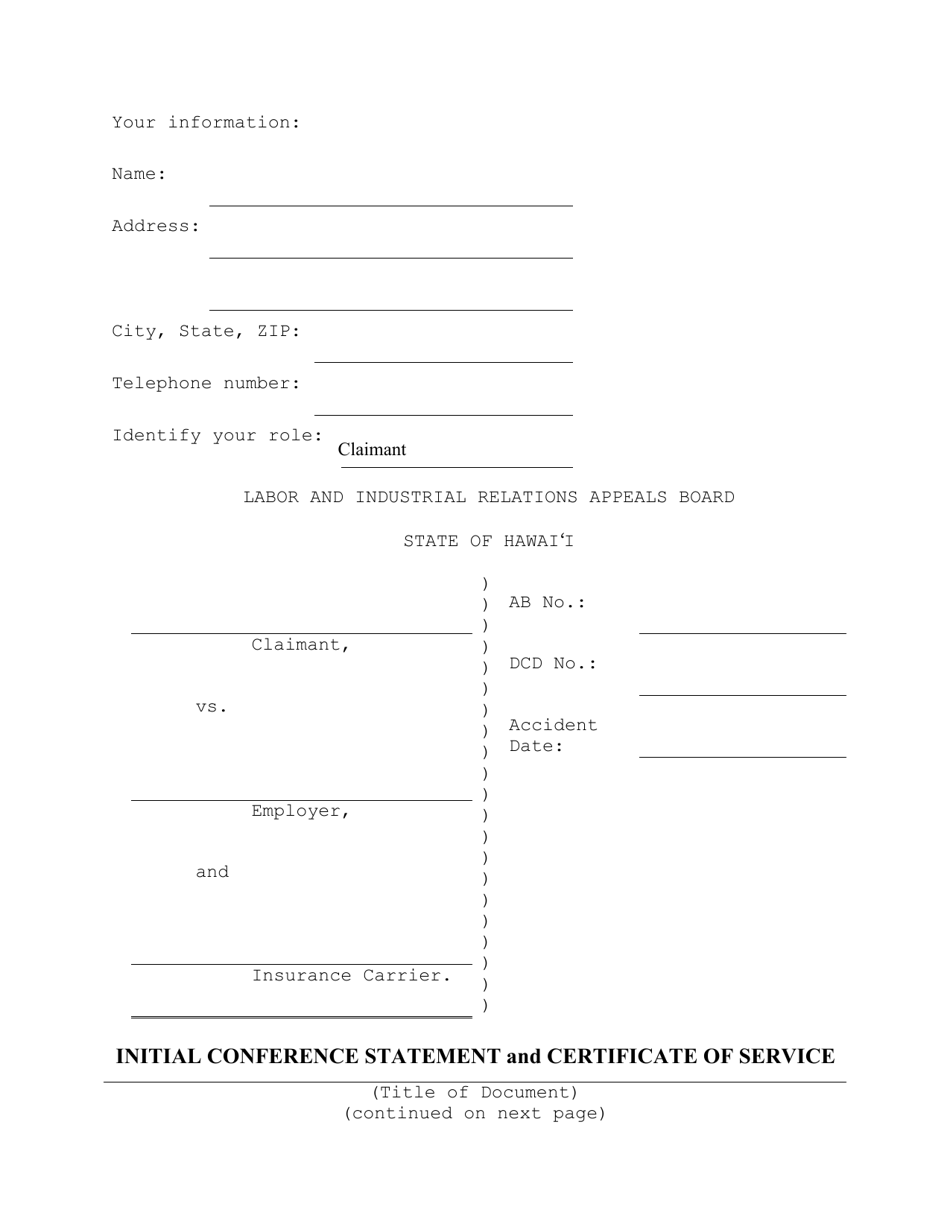 Initial Conference Statement and Certificate of Service - Hawaii, Page 1