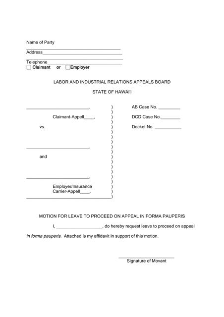 Motion for Leave to Proceed on Appeal in Forma Pauperis - Hawaii Download Pdf