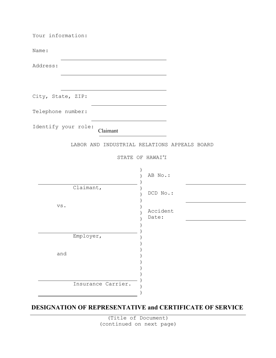 Designation of Representative and Certificate of Service - Hawaii, Page 1