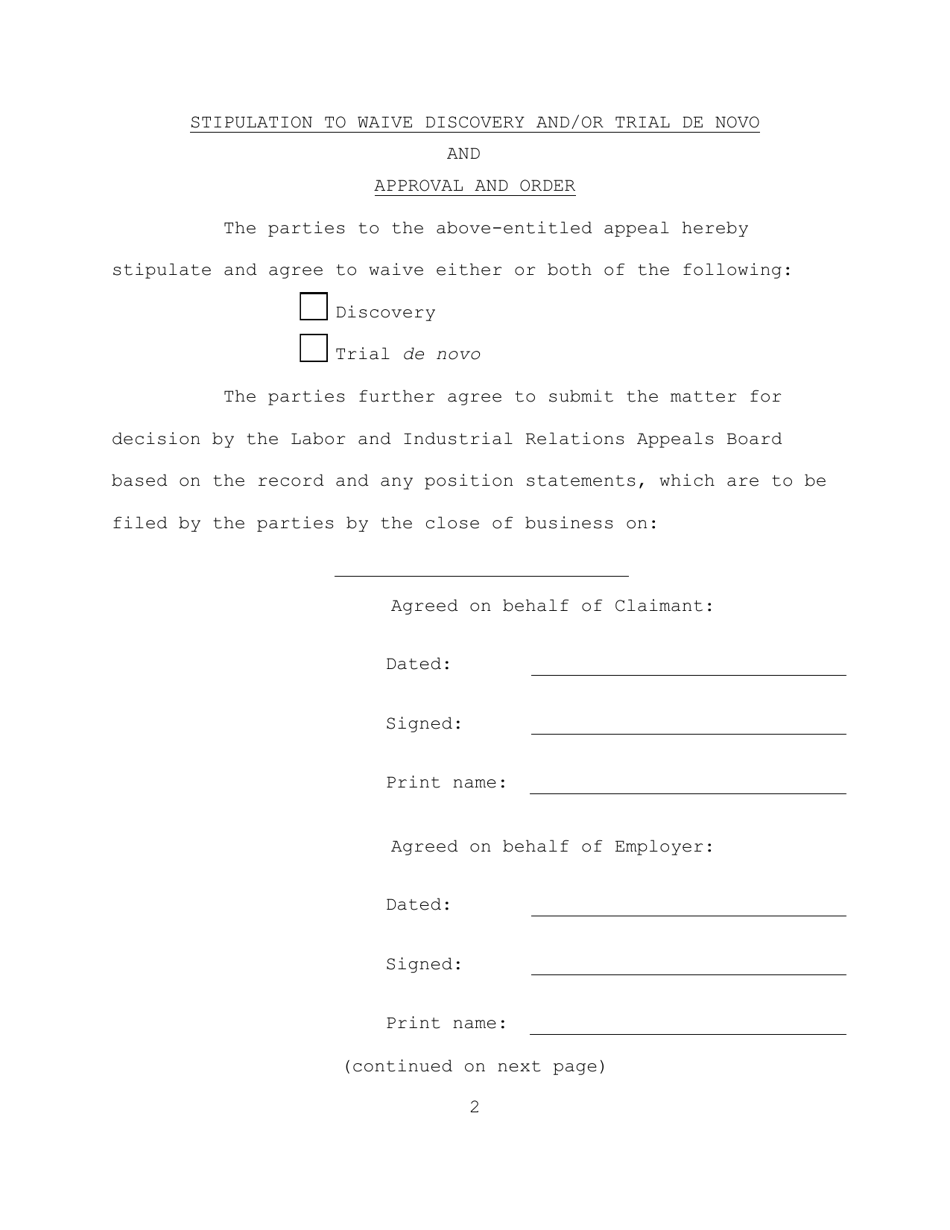Stipulation to Waive Discovery and / or Trial De Novo and Approval and Order - Hawaii, Page 2