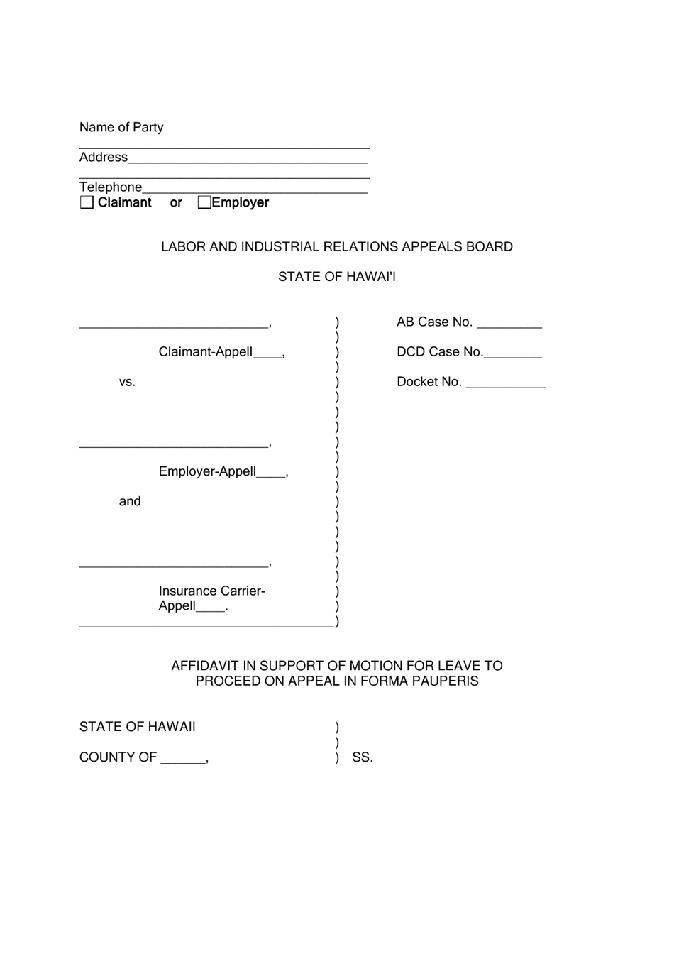 Affidavit in Support of Motion for Leave to Proceed on Appeal in Forma Pauperis - Hawaii, Page 1