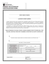 Document preview: Form DL-180C Parent or Guardian Certification Form - Pennsylvania