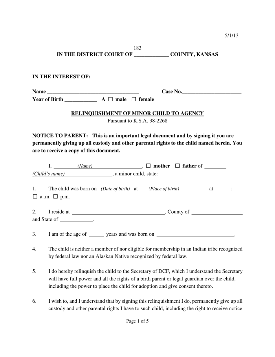 form 183 download printable pdf or fill online relinquishment of minor child to agency kansas templateroller