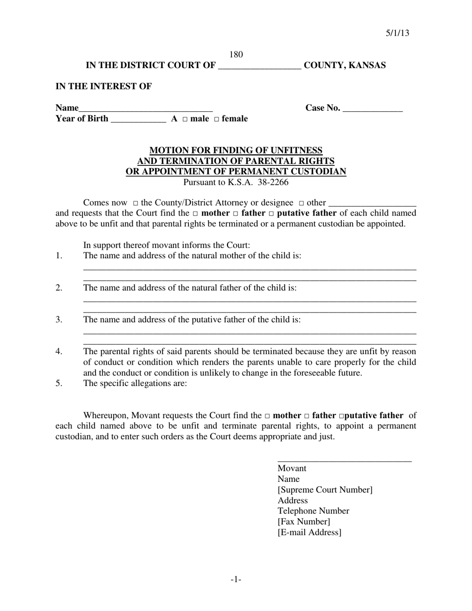 Form 180 Motion for Finding of Unfitness and Termination of Parental Rights or Appointment of Permanent Custodian - Kansas, Page 1