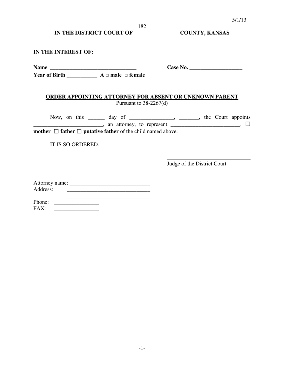 Form 182 Order Appointing Attorney for Absent or Unknown Parent - Kansas, Page 1