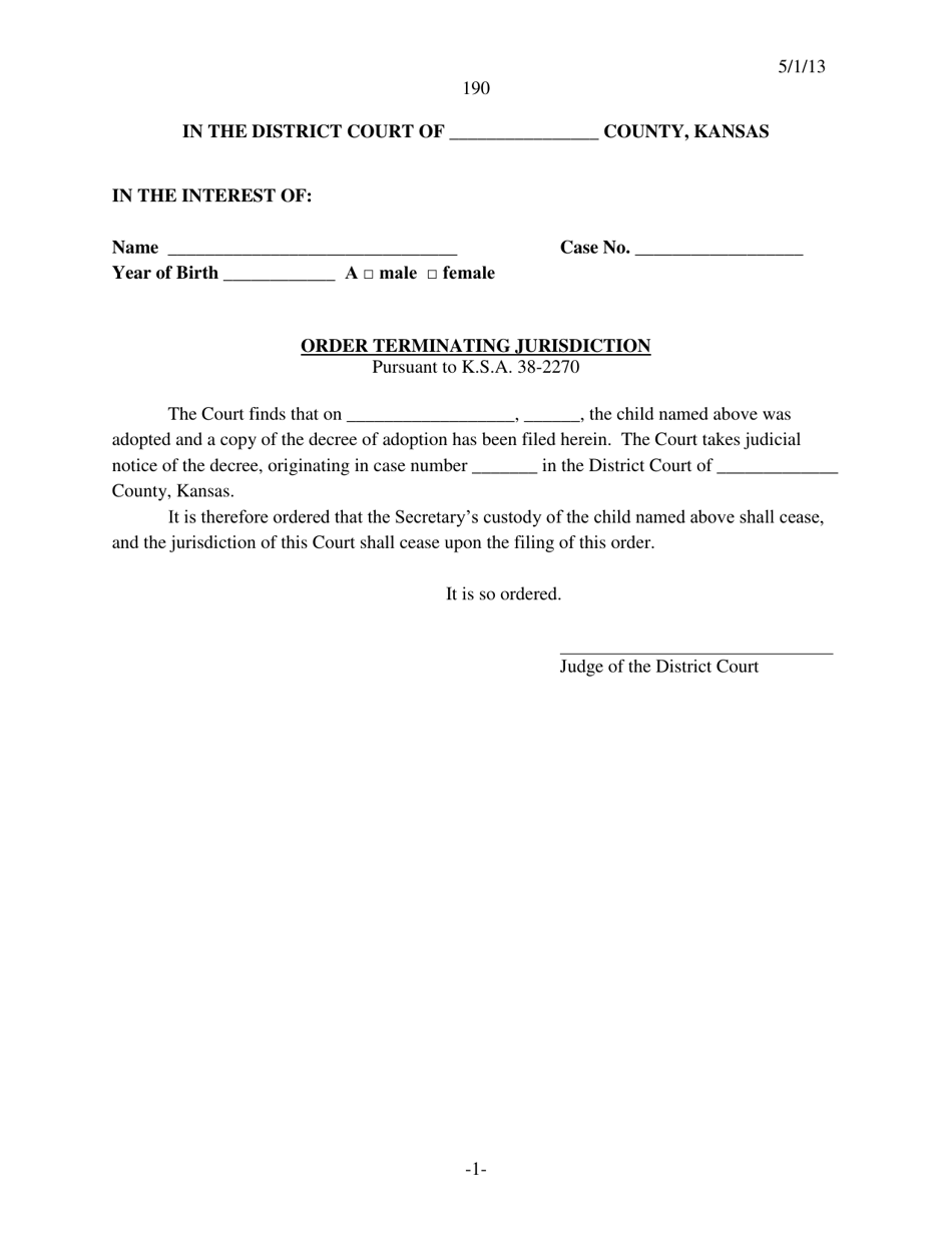 Form 190 Order Terminating Jurisdiction - Kansas, Page 1