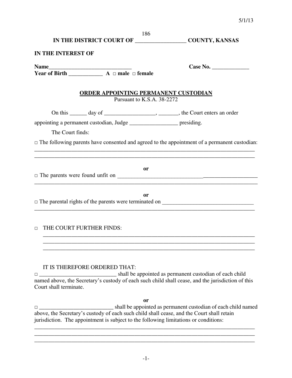 Form 186 Order Appointing Permanent Custodian - Kansas, Page 1