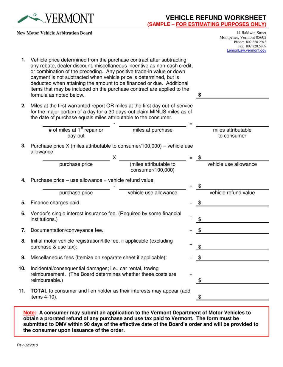 Vehicle Refund Worksheet - Vermont, Page 1