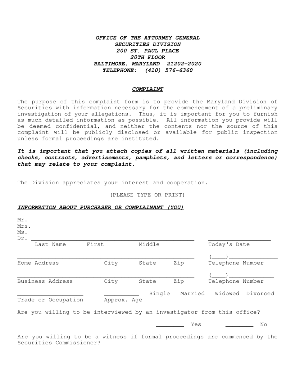 Securities Division Complaint Form - Maryland, Page 1