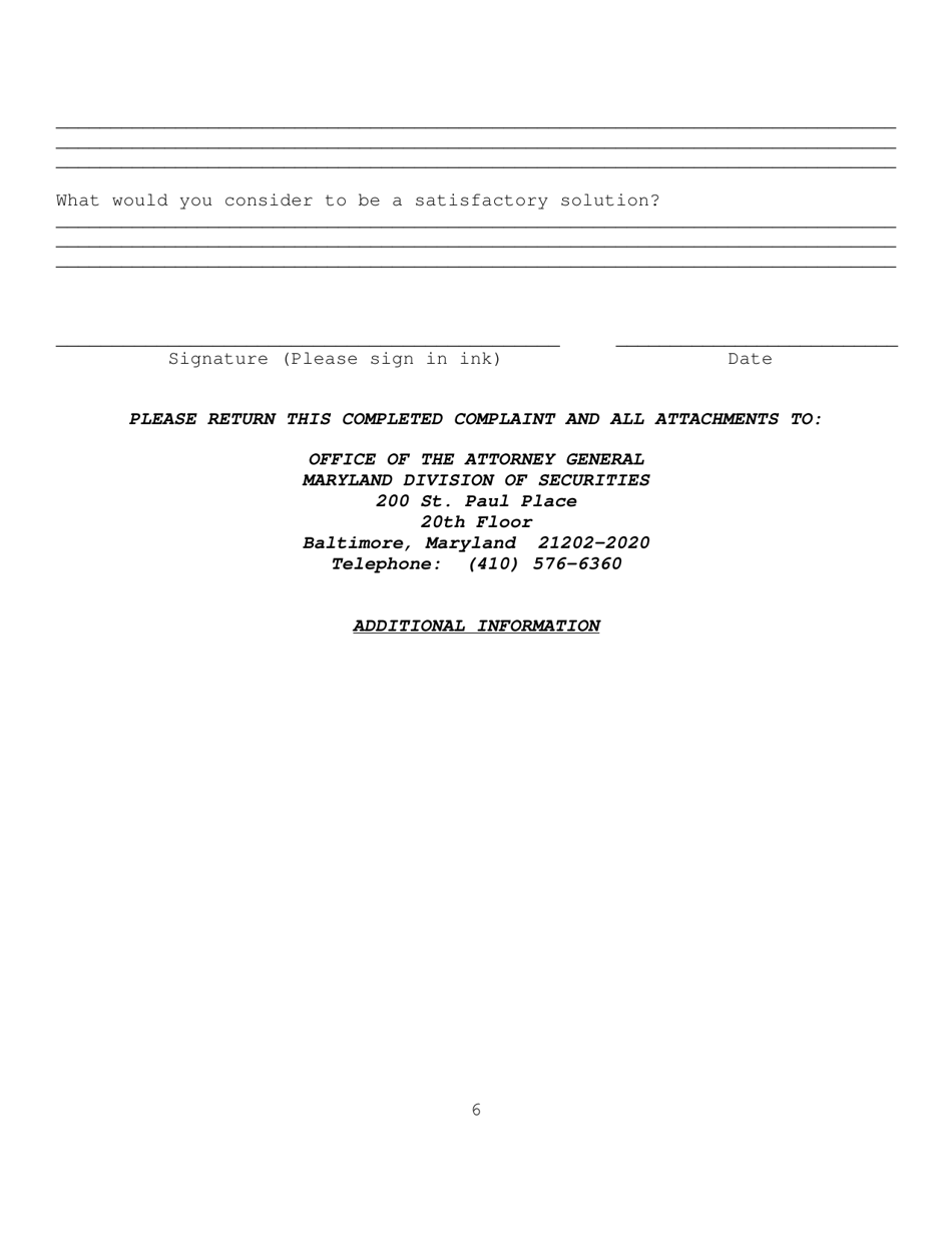 Securities Division Complaint Form - Maryland, Page 6