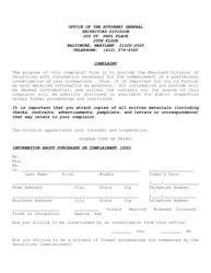 Securities Division Complaint Form - Maryland