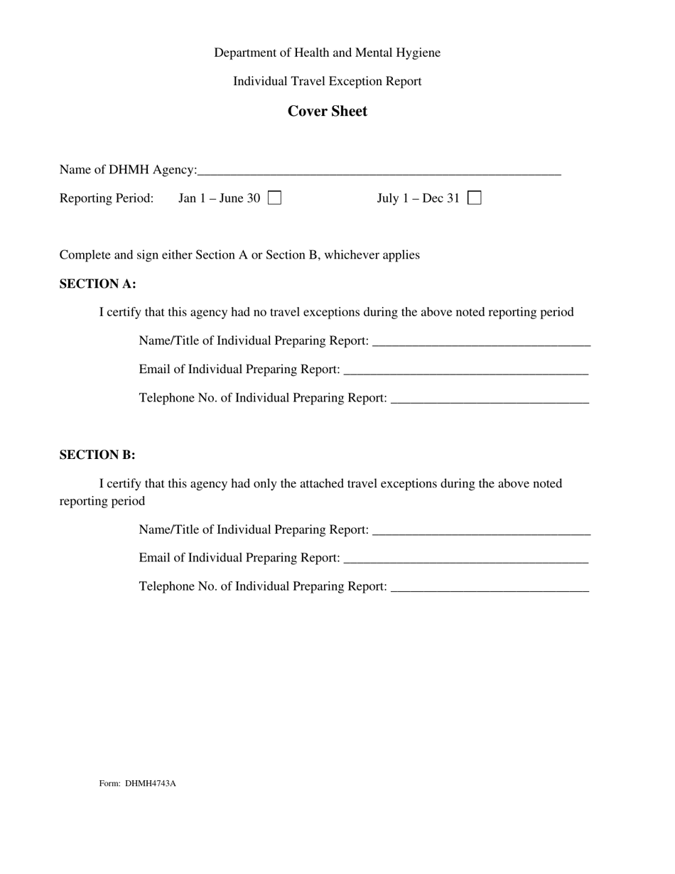 Form DHMH4743A Individual Travel Exception Report Cover Sheet - Maryland, Page 1