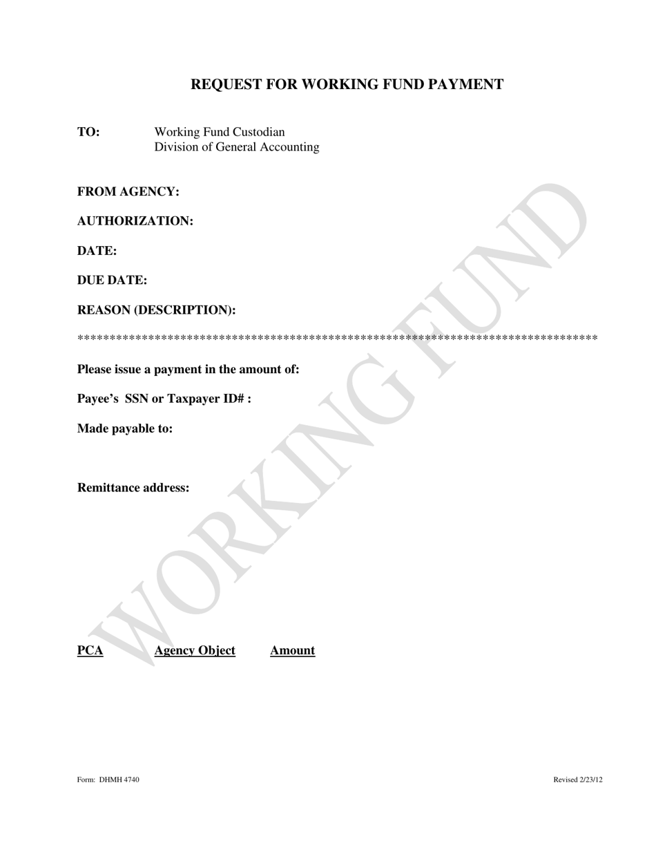 Form DHMH4740 Request for Working Fund Payment - Maryland, Page 1