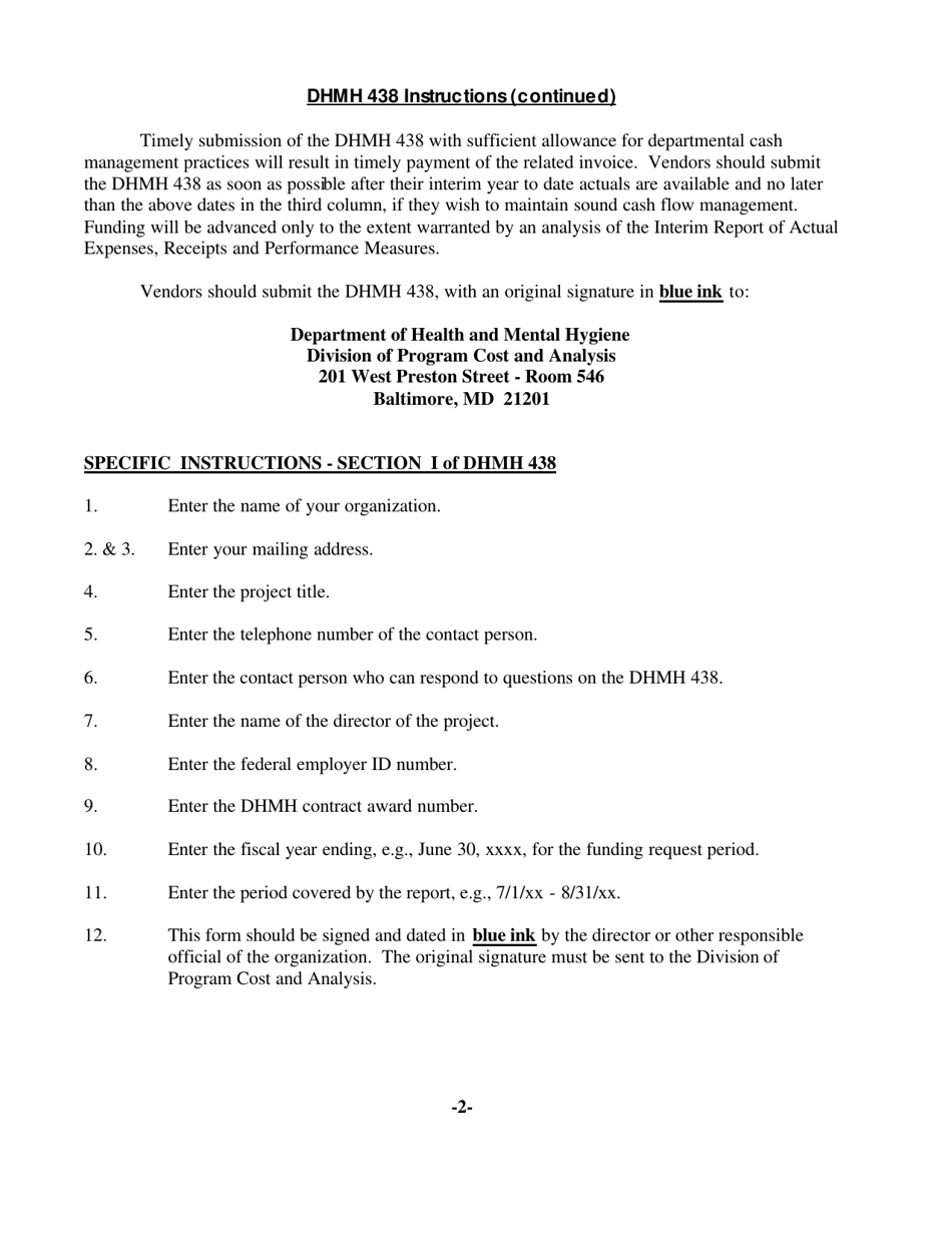Instructions for Form DHMH438 Interim Report of Actual Expenses Receipts and Performance Measures - Maryland, Page 2