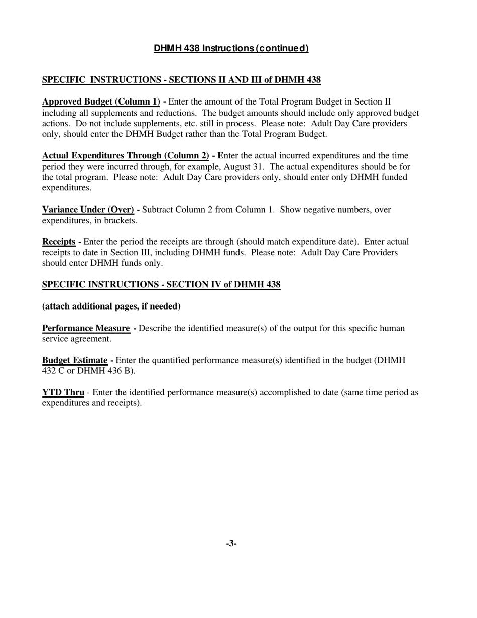 Instructions for Form DHMH438 Interim Report of Actual Expenses Receipts and Performance Measures - Maryland, Page 3